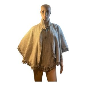 Women’s 100% Lana Wool Poncho  Mexico One Size Ivory Gray Cape Shawl Fringe